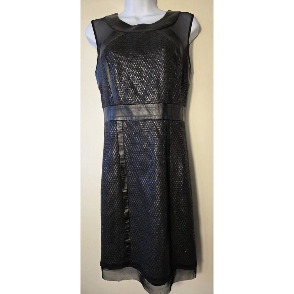 Milly Black Dress Womens Sz 4 Sleeveless Lambskin Leather Mesh Knee Length USA